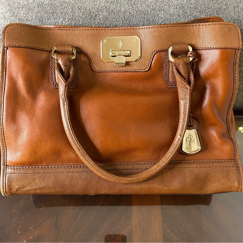 Cole Haan | Vintage Valise Kendra E/W Tote Brown Leather Vibrant Orange Lining - Picture 3 of 16